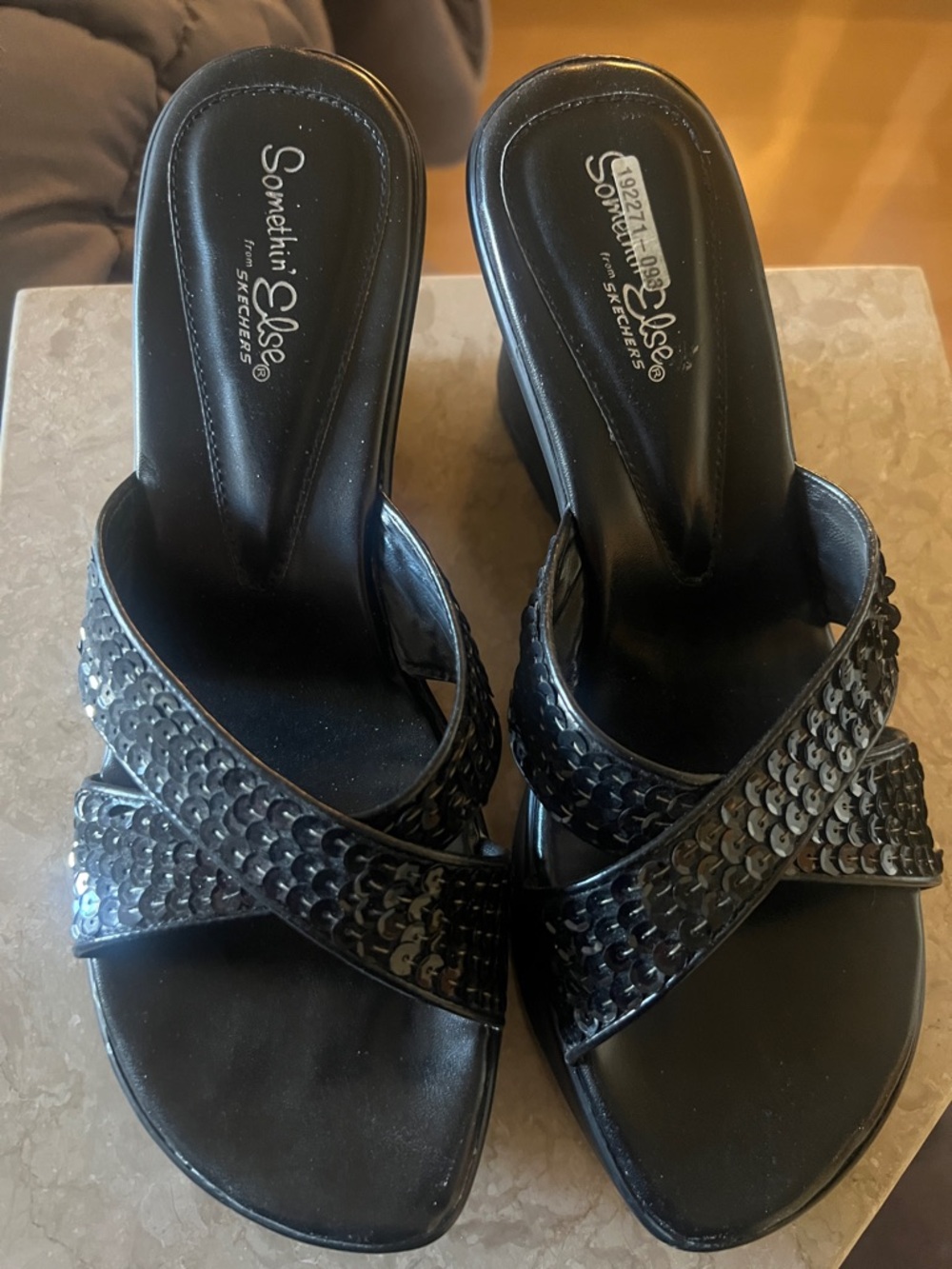 Skechers Black Sequin Crossover Mule Sandals
